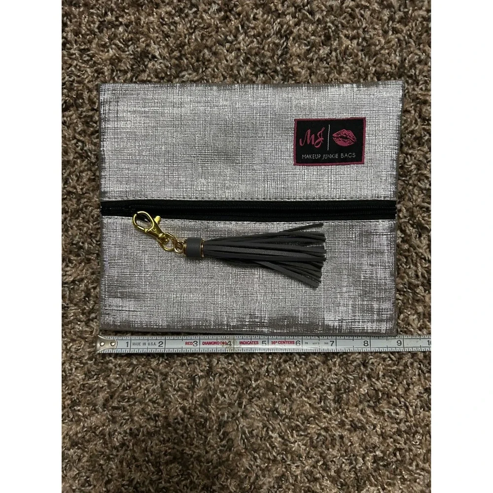 Makeup Junkie Bag Metallic Silver Textured Tassel Pouch Cosmetic Travel Clutch